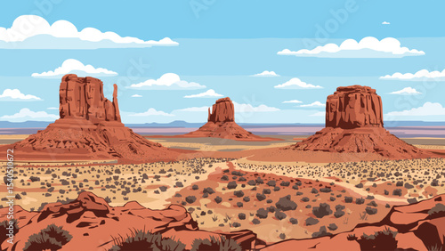 Vector illustration of Monument Valley desert landscape with red rock formations, shrubs and blue sky in a stylized, flat style