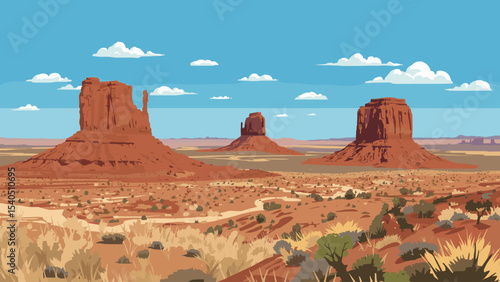Vector illustration of Monument Valley desert landscape with red rock formations, shrubs and blue sky in a stylized, flat style