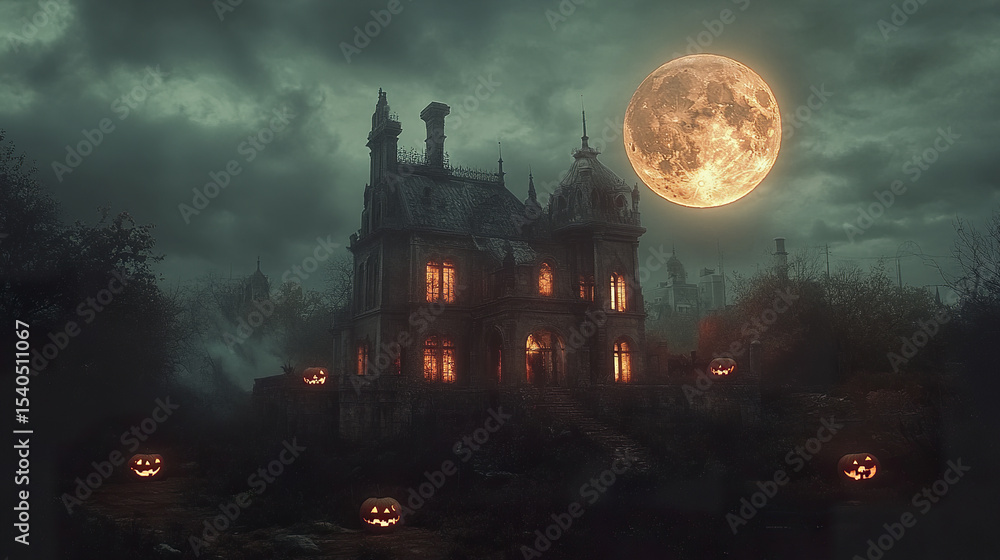 Obraz premium spooky haunted house illuminated by full moon, surrounded by pumpkins, creates eerie atmosphere