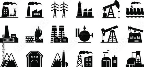 Industrial Factory Icons Set – Energy, Power Plant Silhouettes Vector illustration