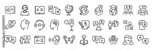 Language translation learning communication international vector line icons