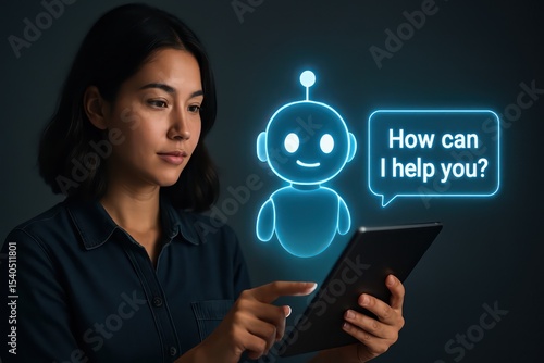 A modern female utilizes cutting-edge technology, engaging with a virtual assistant or chatbot on her tablet, against a sleek, futuristic dark backdrop. 