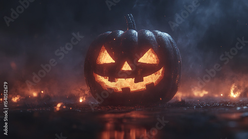 glowing Halloween pumpkin with spooky face, surrounded by mist and eerie lighting
