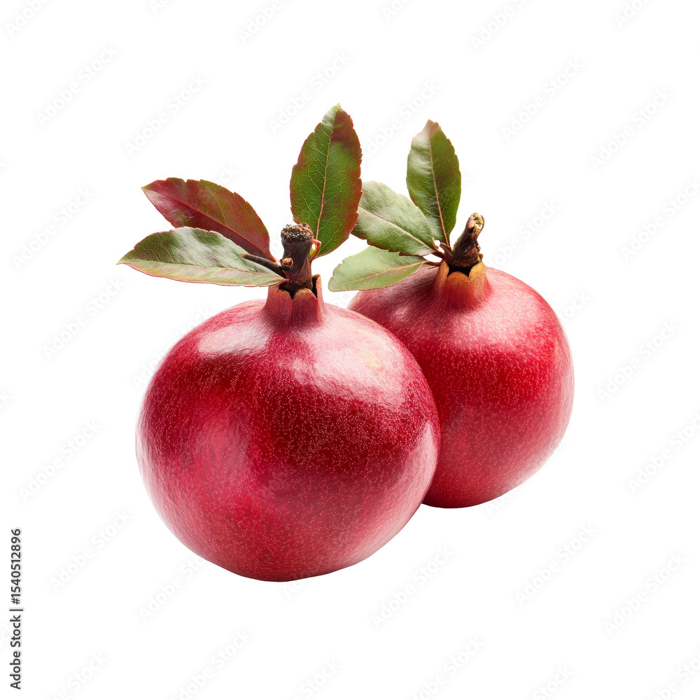 Fototapeta premium Pomegranate Duo: A pair of ripe pomegranates with vibrant red skin and lush green leaves, epitomizing freshness, showcasing the richness and deliciousness of nature's bounty.