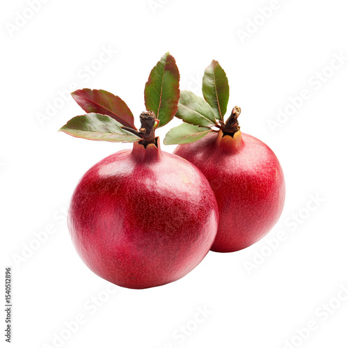 Pomegranate Duo: A pair of ripe pomegranates with vibrant red skin and lush green leaves, epitomizing freshness, showcasing the richness and deliciousness of nature's bounty.