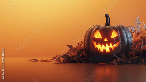 Glowing Halloween pumpkin surrounded by autumn leaves, creating spooky atmosphere