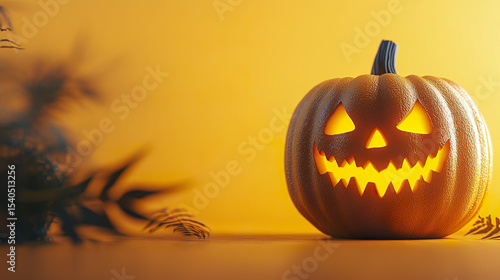 Glowing Halloween pumpkin with spooky face against yellow background, creating festive
