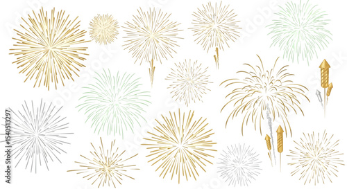 Gold and Silver Fireworks Burst Illustrations Festive Celebration Designs