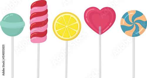 Colorful lollipops of various shapes isolated on white background. Set of sweet candies on stick