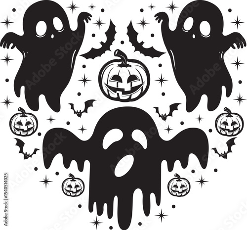 Spooky Halloween Heart Ghosts, Pumpkins, and Bats Design
