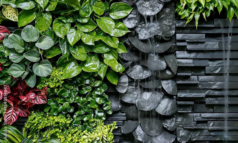 Lush Green Plant Wall with Grey Stone Waterfall Feature Creates Serene Vertical Garden Design and Natural Textured Lush Green Plant Wall with Grey Stone Waterfall Feature Creates Serene Vertical Garden Design and Natural Textured
