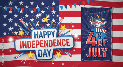 Patriotic Fourth of July Design Fireworks, Stars, and Stripes