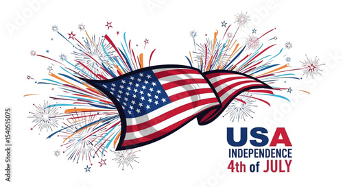 Patriotic Fourth of July Fireworks and American Flag Illustration