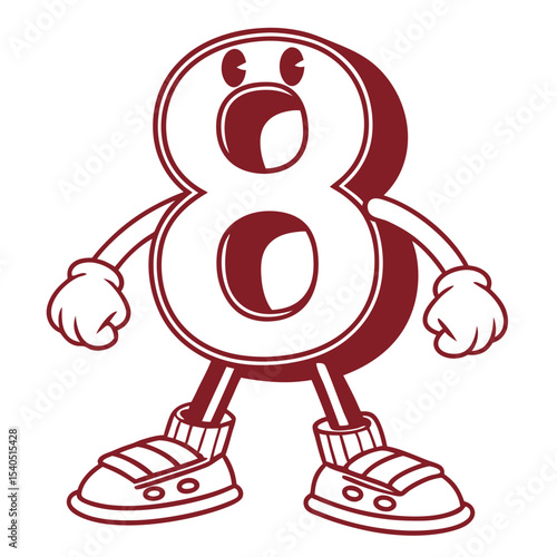 Cartoon number eight character with vintage styling stands on a white background