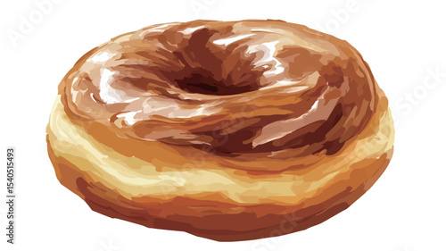 Close-up studio shot of a single glazed donut. The donut is golden brown with a glossy caramel-colored glaze.  The image is sharply focused, showcasing the texture of the donut and the glaze. 