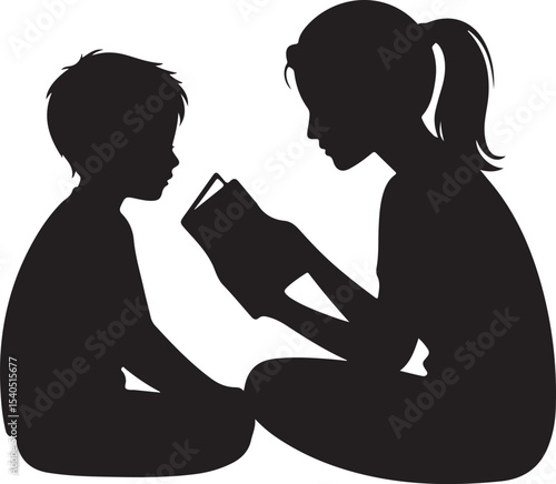 Mother and Child Silhouette Reading, a Warm Education Art Design, Perfect for Nursery Decor and Storytime Illustration