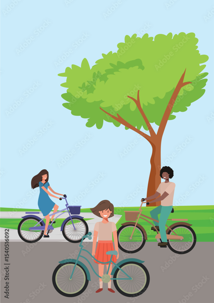 Naklejka premium Three Young girls riding bicycles in street
