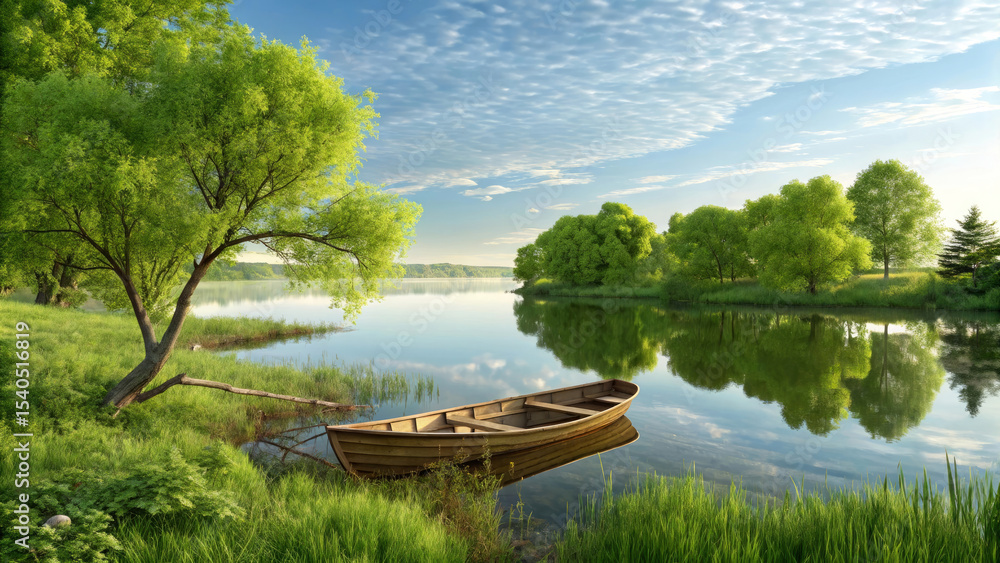 Obraz premium Lake Scene with Wooden Rowboat and Lush Green Trees