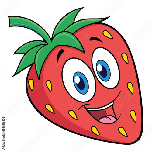 Cartoon strawberry with big eyes and smiling face on a white background
