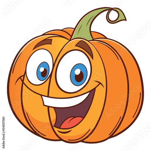 Cheerful cartoon pumpkin with big blue eyes smiles widely on a white background