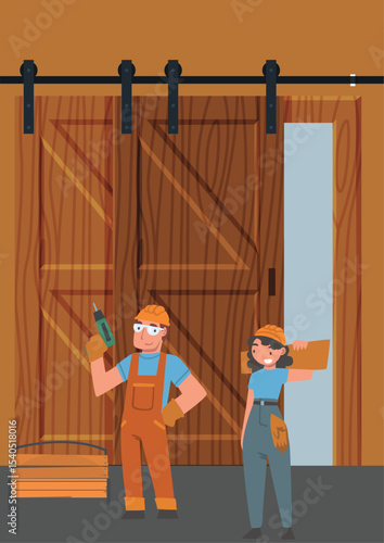 two workers standing in front of a brown wooden sliding door, typically used for barn doors. They are both wearing face masks, indicating that they may be following health protocols