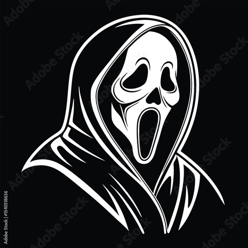 Ghostly scream mask shrouded in a flowing hood stands out against black background