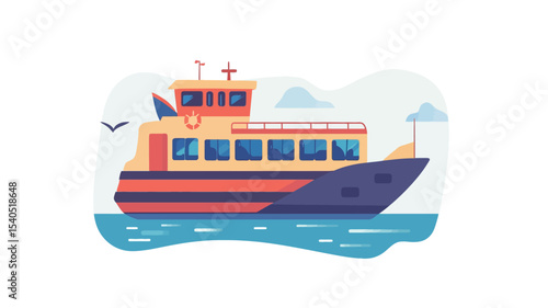 A stylized illustration depicting a passenger ferry boat floating on calm blue water. The boat is primarily yellow and orange with a dark blue hull, featuring a simple, cartoonish design. 