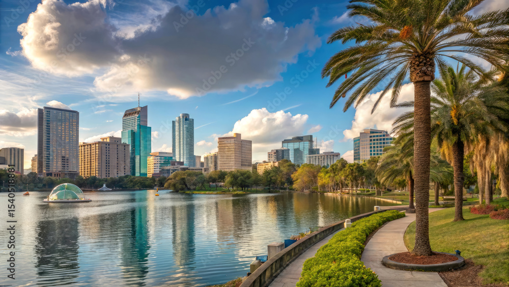 Obraz premium Orlando Skyline with Lake Eola Reflections and Palm Trees