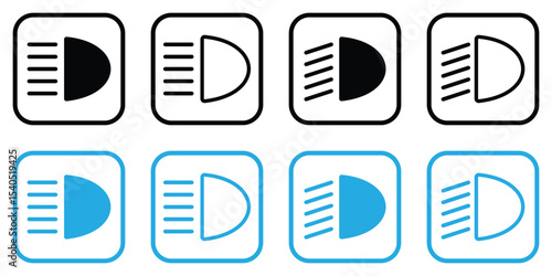 Vector Icon Set of Car Headlight and Dashboard Light Symbols – High Beam, Fog Light, Low Beam Indicators