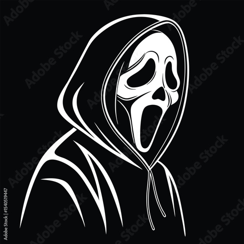 Hooded figure with white ghost mask looms against a black background