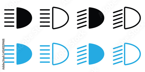 Vector Icon Set of Car Headlight and Dashboard Light Symbols – High Beam, Fog Light, Low Beam Indicators