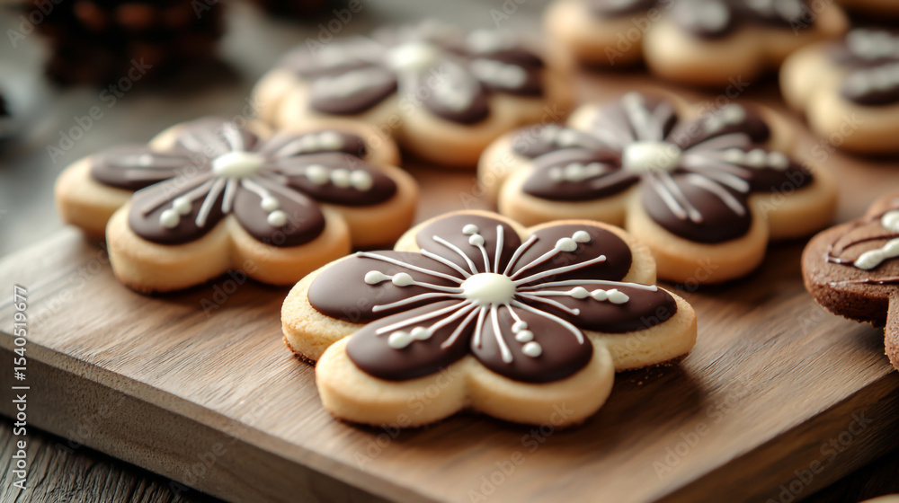 Traditional Christmas cookies in the shape of flowers with chocolate glaze and decorative patterns, arranged on a wooden board. Traditional Christmas cookies in the shape of flowers with chocolate glaze and decorative patterns, arranged on a wooden board.