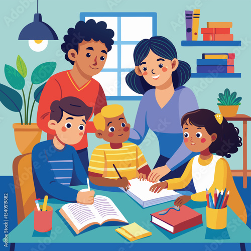 Cartoon Family Helping Children with Homeschooling Illustration in a Room