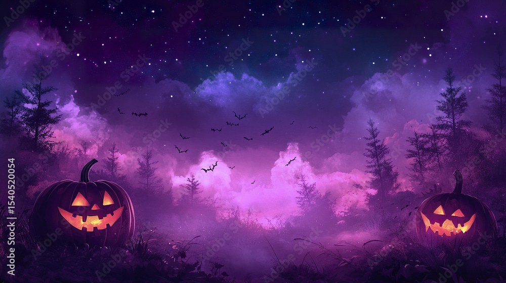 Fototapeta premium spooky Halloween scene featuring glowing pumpkins, bats, and mystical night sky filled with