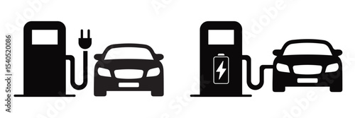 Electric Car Charging Station Icons – Outline and Filled Vector Set for EV Mobility and Green Energy