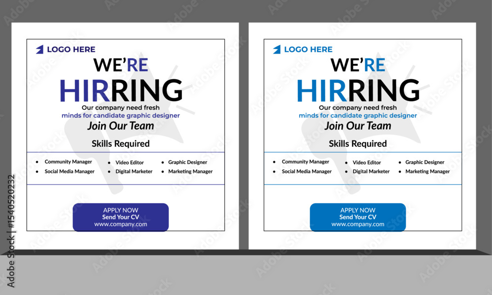 Naklejka premium We are hiring recruitment open job vacancy design vector social media post banner template or web banner layout .