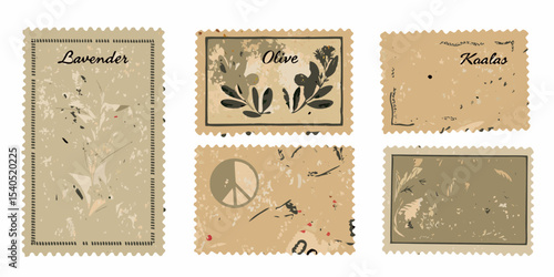 Vintage Postage Stamps with Lavender Olive Kaalas Peace Sign and Floral Designs on Beige Background for Scrapbooking and Decorative Purposes