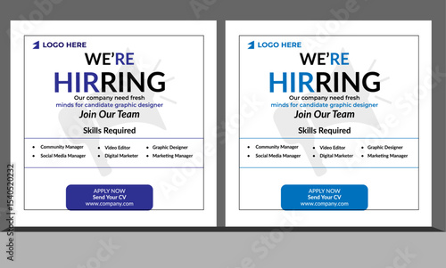 We are hiring recruitment open job vacancy design vector social media post banner template or web banner layout .