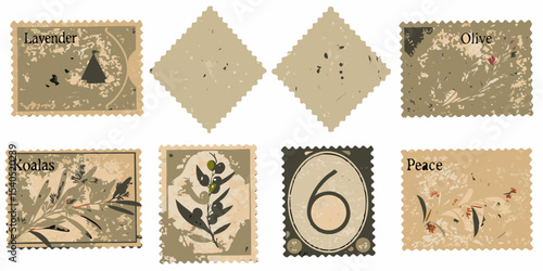 Collection of Vintage Botanical Themed Postage Stamps with Lavender Olive Koalas Peace and Number Six Images on a White Background