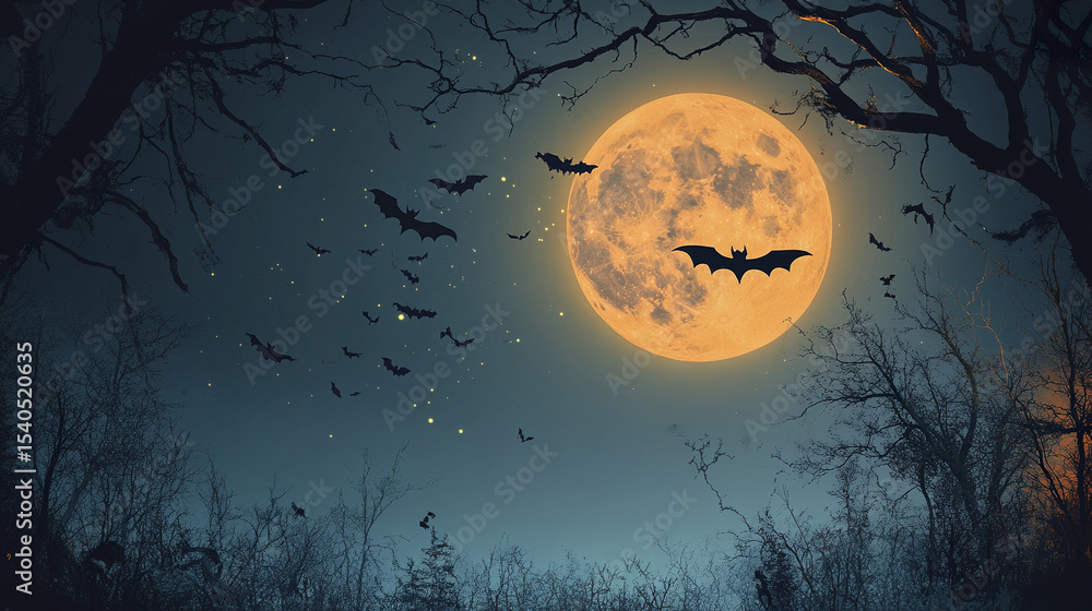 spooky night scene featuring full moon and flying bats creates eerie atmosphere spooky night scene featuring full moon and flying bats creates eerie atmosphere