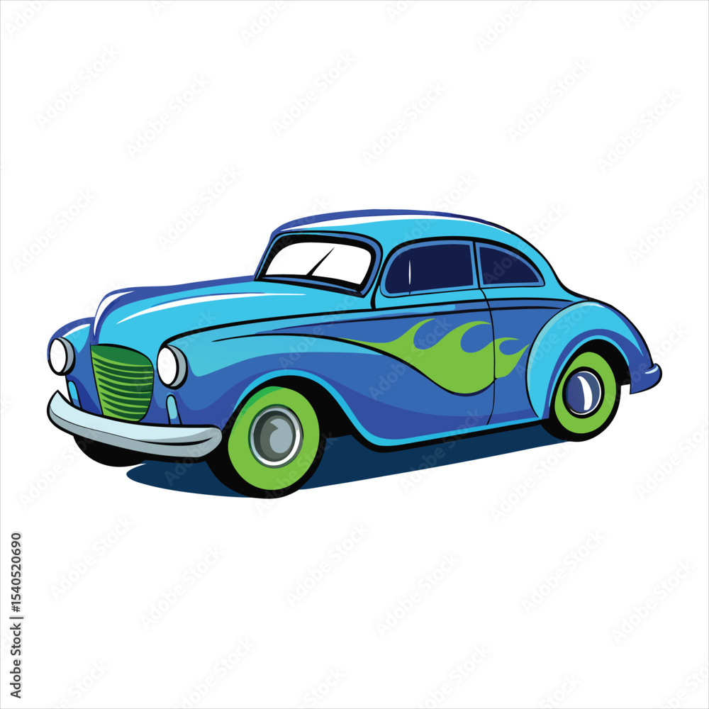 Naklejka premium Stylish Blue Vintage Car with Green Flame Decals Vector