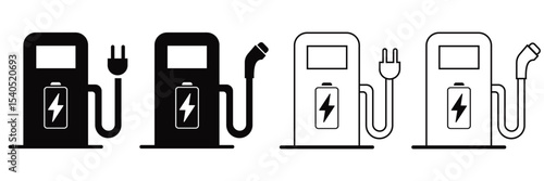 Electric Car Charging Station Icons – Outline and Filled Vector Set for EV Mobility and Green Energy