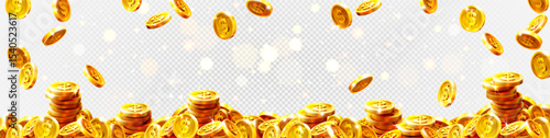 Realistic gold coin. Explosion of gold coins