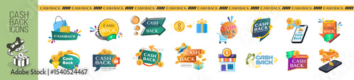 Cashback Icon Set. Return Money, Cash Back Rebate, Financial Services, Refund, Savings, Currency Exchange, Mobile Payment. Vector Illustration on Transparent Background