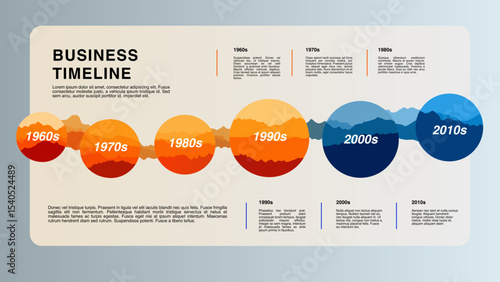 Business Timeline Infographic Colorful Circular Design Showing between 1960s to 2010s, template 