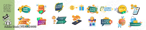 Cashback Icons Set. Cashback Badges and Labels. Bonus, Reward, Discount, Loyalty, Shopping, Refund Symbols Isolated on Transparent Background