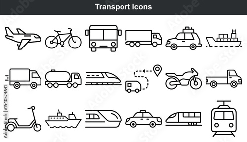 Black Line Transportation Icons Set