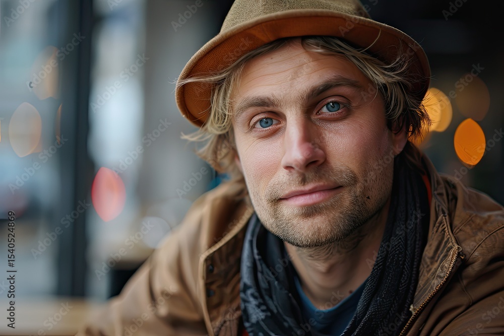 Vibrant Picture of Blond Man with Hat Looking to the Camera Vibrant Picture of Blond Man with Hat Looking to the Camera