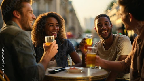 Group of young friends laughing and enjoying drinks together at a café terrace during golden hour in a lively city street. Generative AI