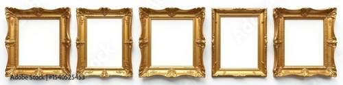 Intricate gold frames, varying sizes, white backdrop, golden, decoration